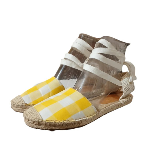 J CREW YELLOW AND WHITE GINGHAM LACE UP D'ORSAY ESPADRILLE SANDALS 6.5 - Picture 1 of 10